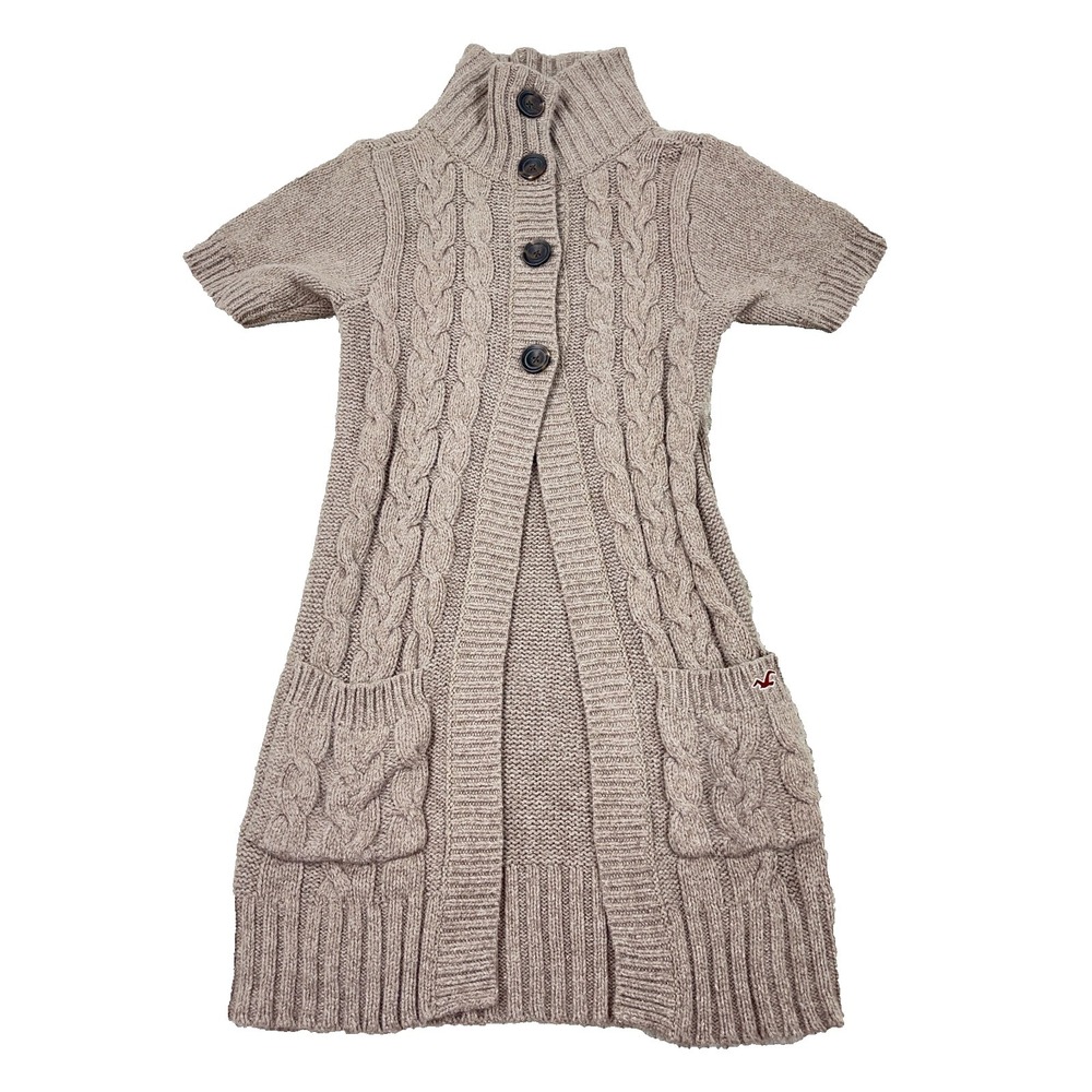 Vintage Y2K Hollister Cardigan Sweater Women Medium Brown Cable Knit Babydoll